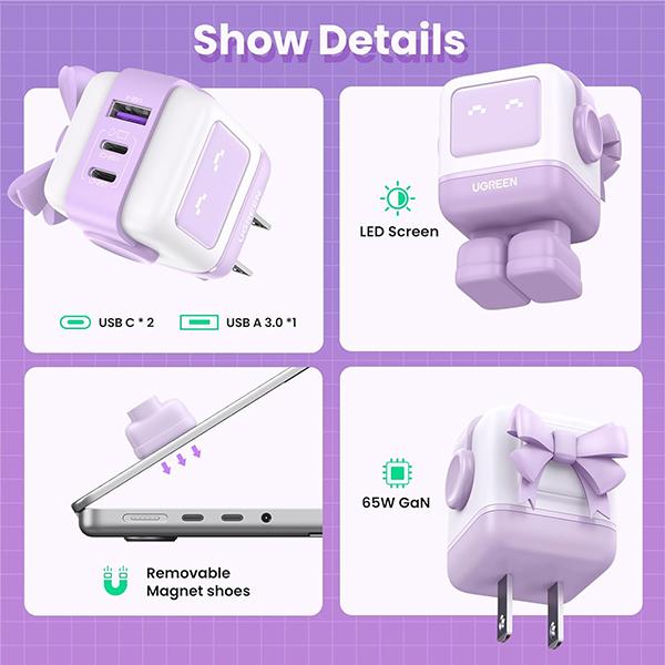 Củ Sạc Nhanh UGREEN GaN Nexode Robot 3 Cổng 65W