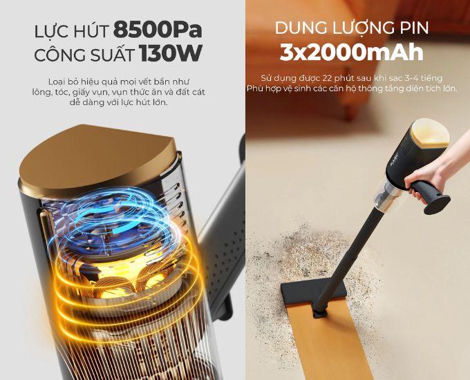 Lực h&uacute;t mạnh mẽ l&ecirc;n đến 8500Pa