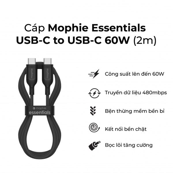 Cáp Sạc Nhanh Mophie Essential Type-C to Type-C 60W 2M Chính Hãng