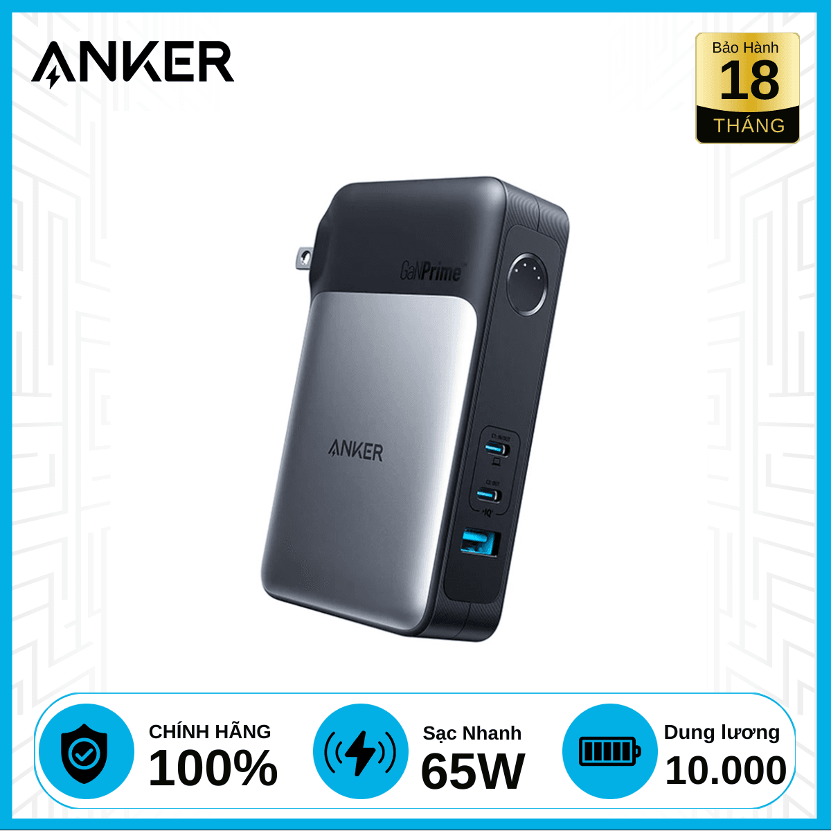 Pin Sạc Dự Phòng Anker 733 Ganprime 10000mAh 65W 2C1A A1651 chính hãng 
