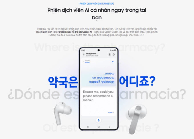 phiên dịch AI trên Galaxy Buds4 Pro